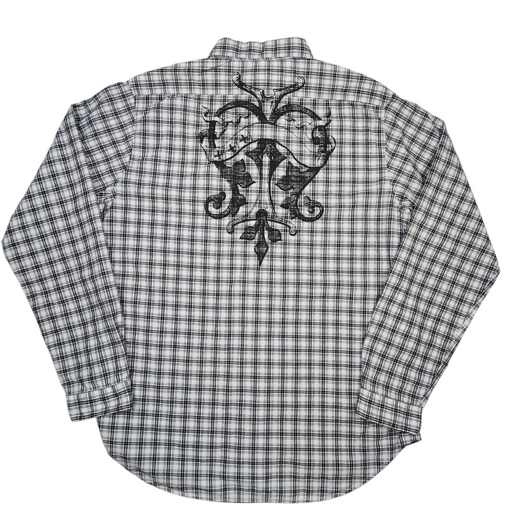 Y2K‎ Guess MMVIIII 2008 Plaid Button Down Shirt XL Black White Graphic Crest